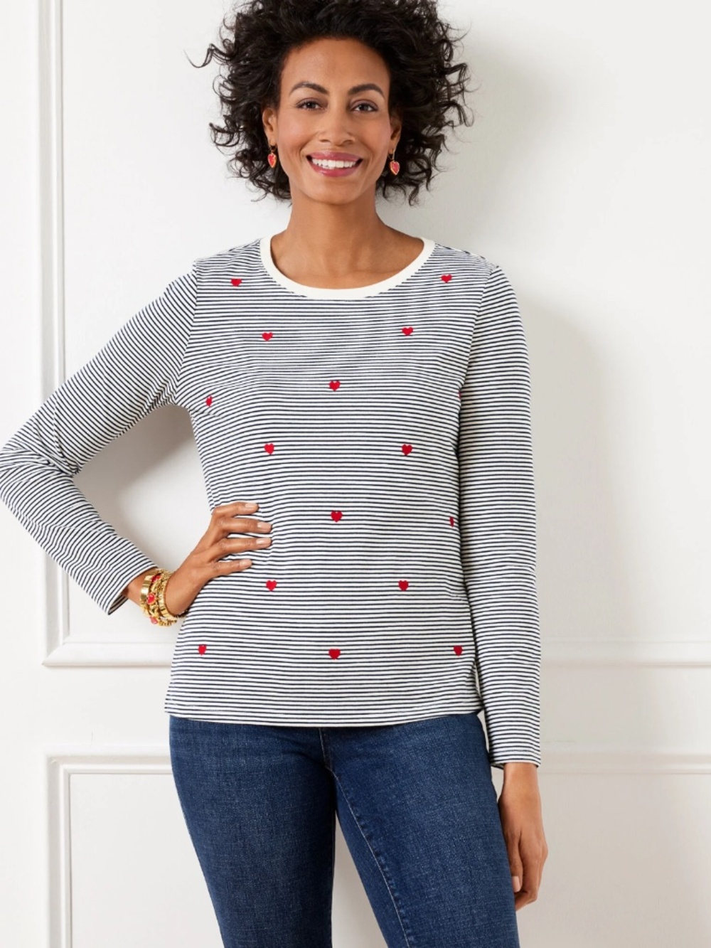 Talbots Crewneck Tee-Horizontal Stripes & Embellished Red Hearts-NWT, S.XL